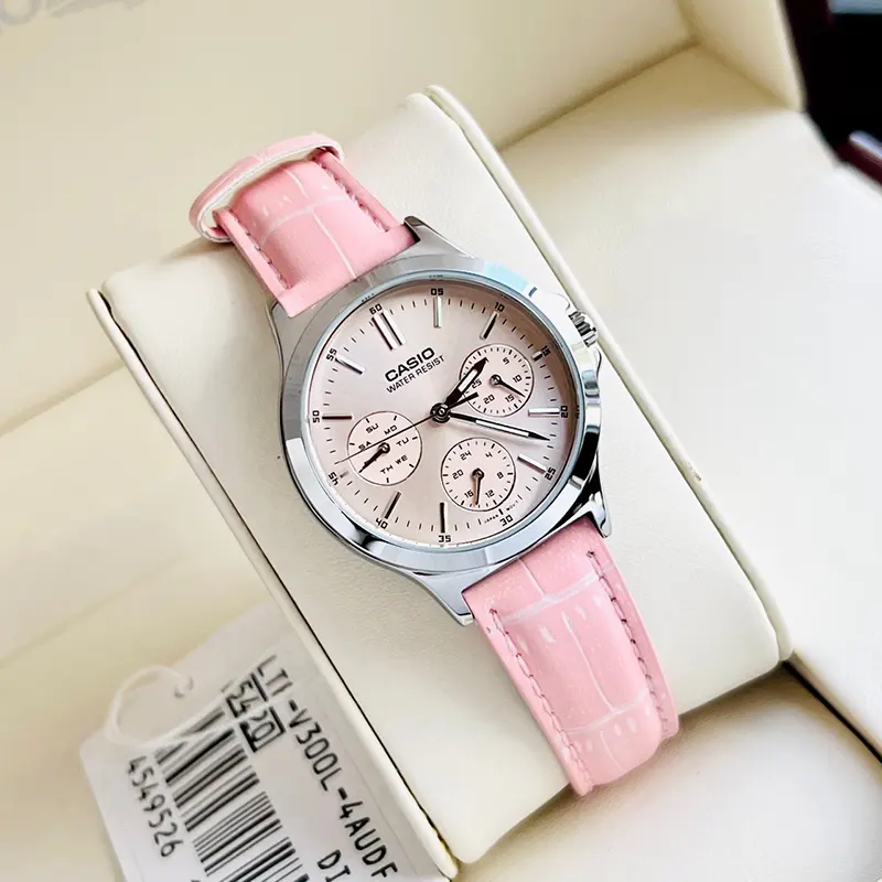 Casio Enticer Cream Dial Pink Leather Ladies Watch- LTP-V300L-4A